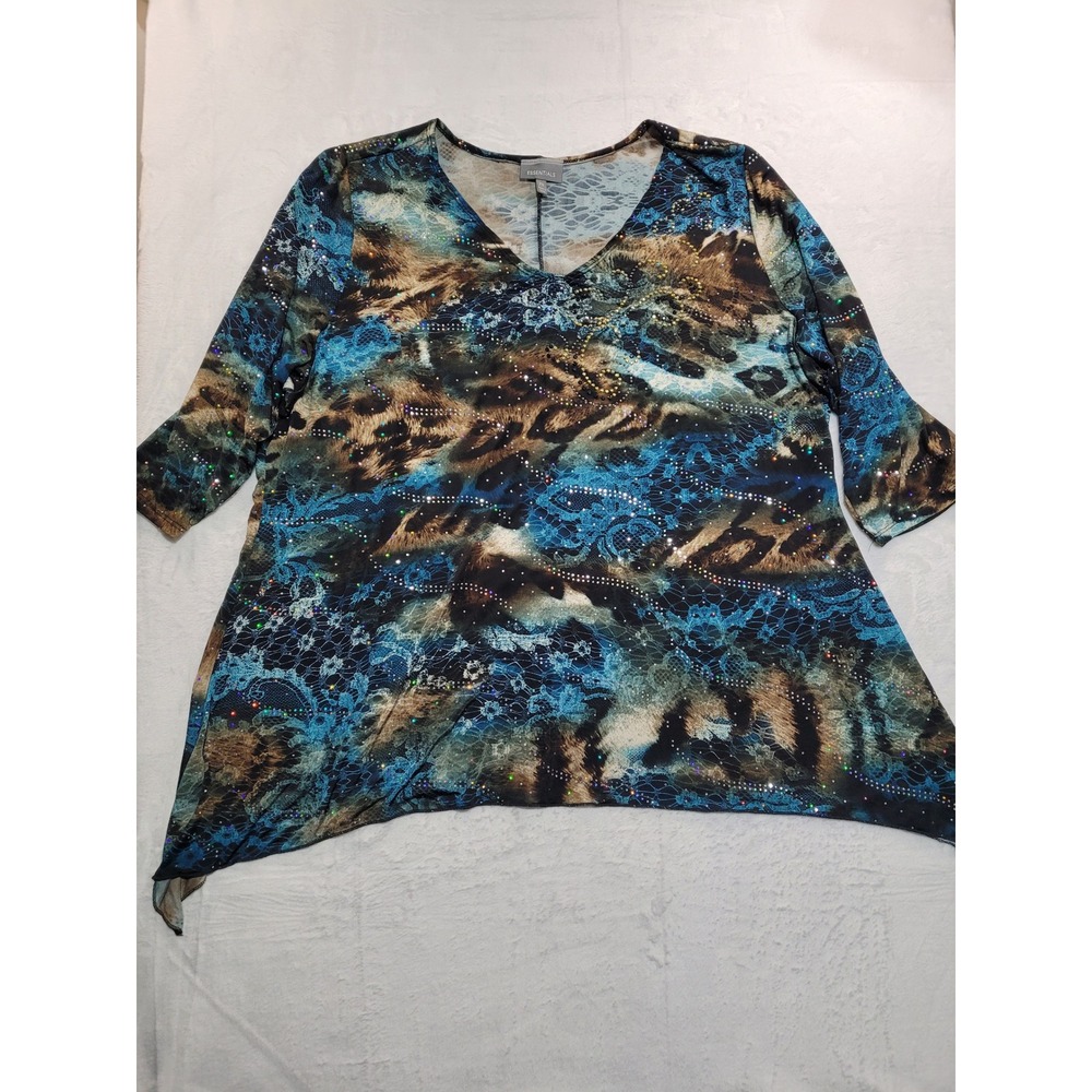 Essentials Anthony Richards Tunic Women 2X Blue Animal Lace Rhinestone